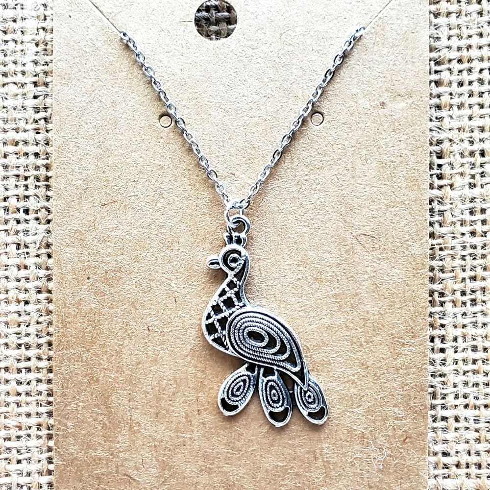Boho Peacock Antique Silver Necklace